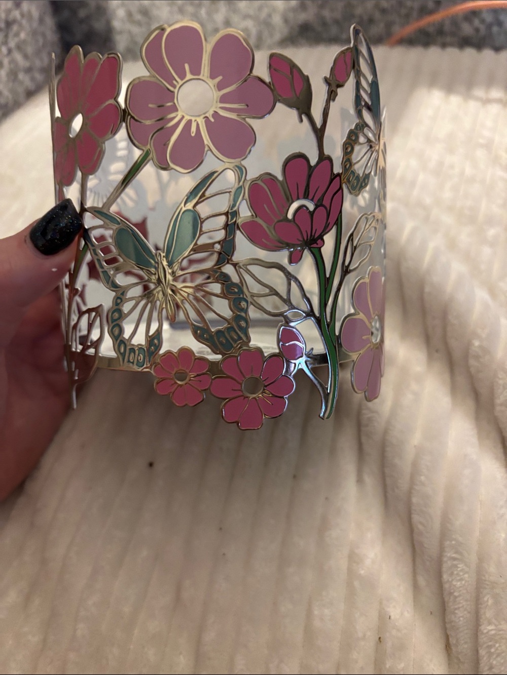 Bath and Bodyworks  Butterfly floral 3 wick candle holder Pink and Teal